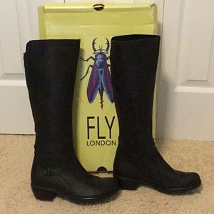 Fly London tall black oiled leather boots. Style name: Mistry.
